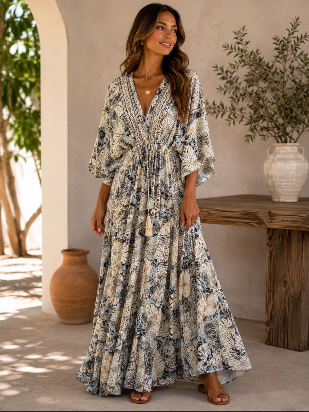 SILK BLEND Blue and Cream Floral V-Neck Maxi Dress